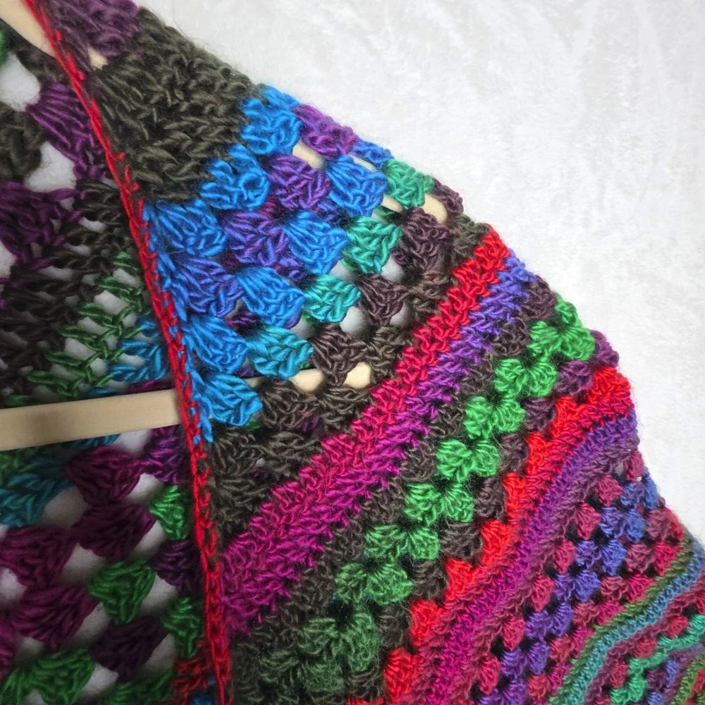 Boho Granny‎ Square Crochet Shawl Wrap Boho Multi Color Handmade Bright Colors